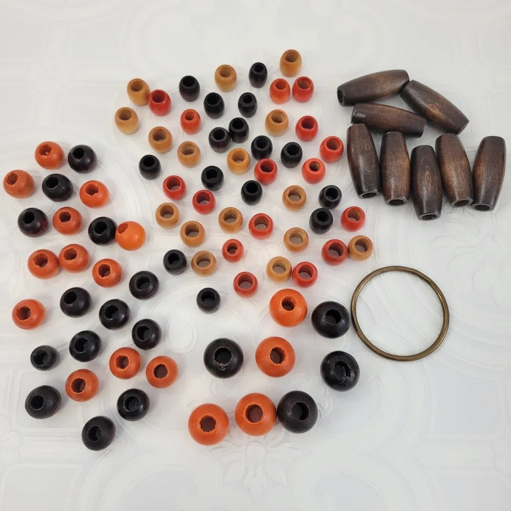 Vintage Macrame Jewelry Crafting Wood Bead Lot 88 Beads Metal Ring MCM